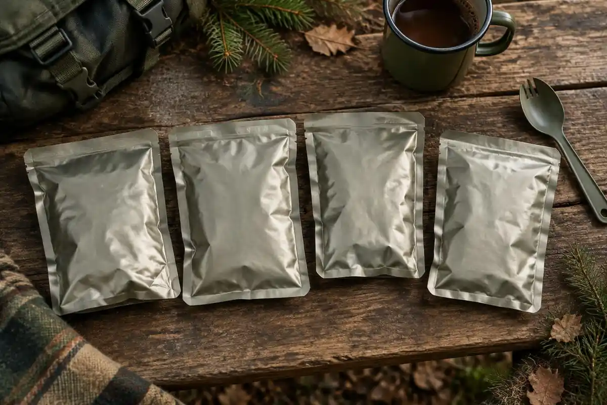 Seven plain foil meal pouches lined up on a rustic wooden table