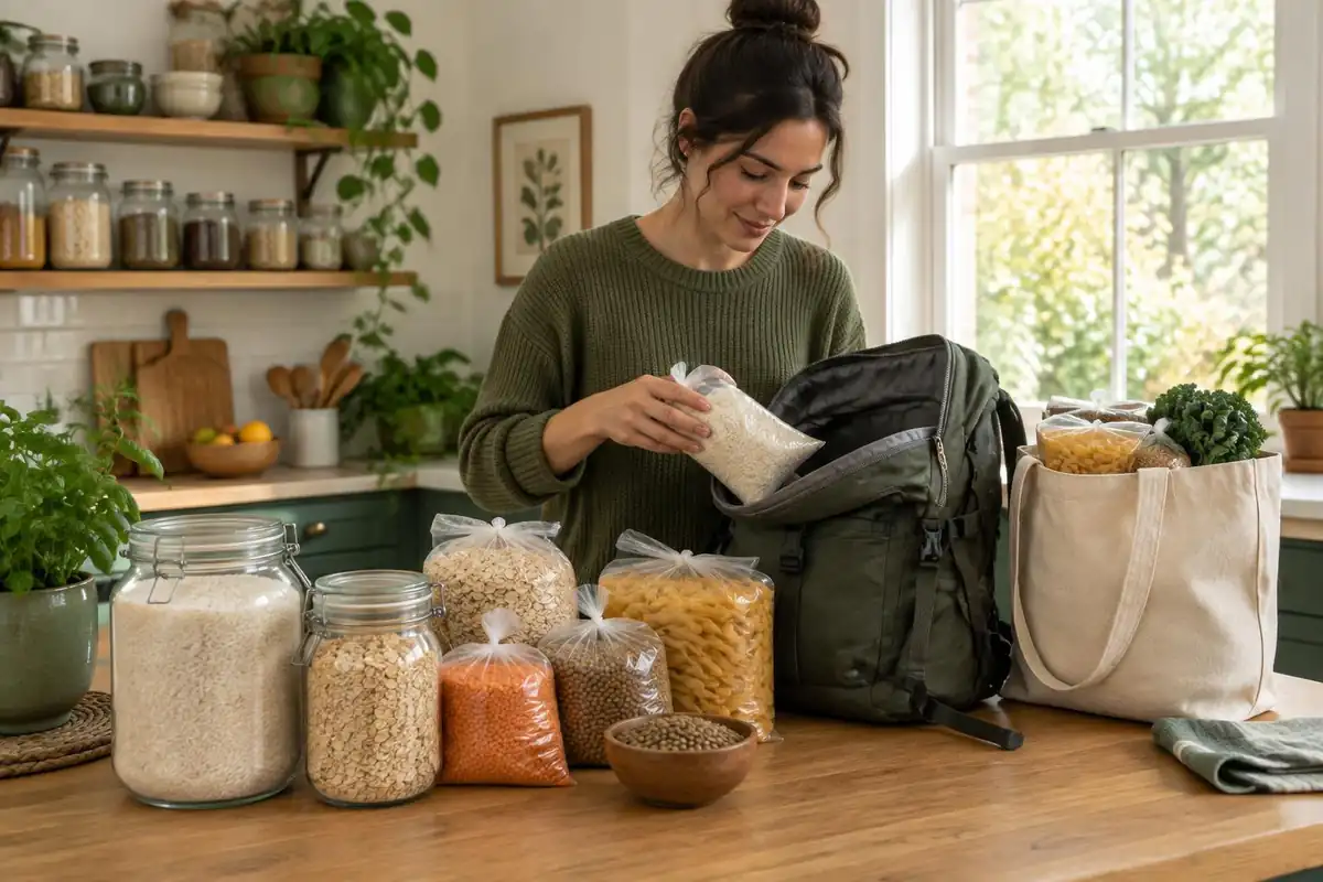 Grocery shelf haul of rice, oats and lentils on a kitchen counter next to a pack