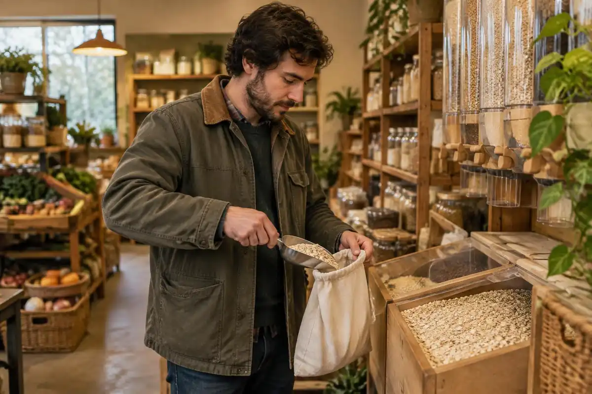 Man scooping bulk oats into a reusable bag at a market bin