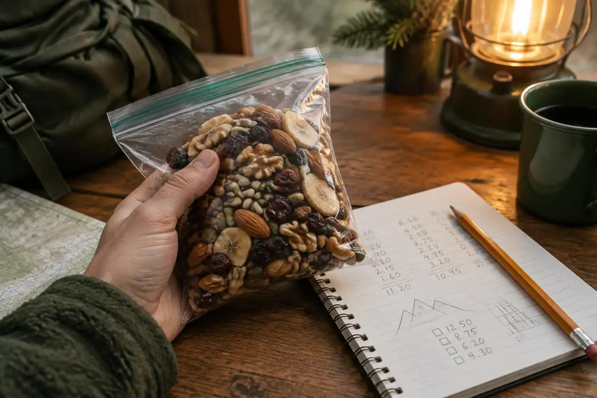 Hand holding a homemade trail mix bag beside a small notebook of meal costs