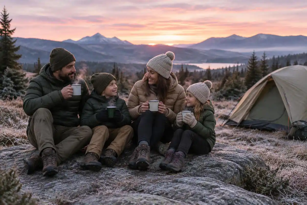 Cluster of campers with hot mugs around a flat rock at first light