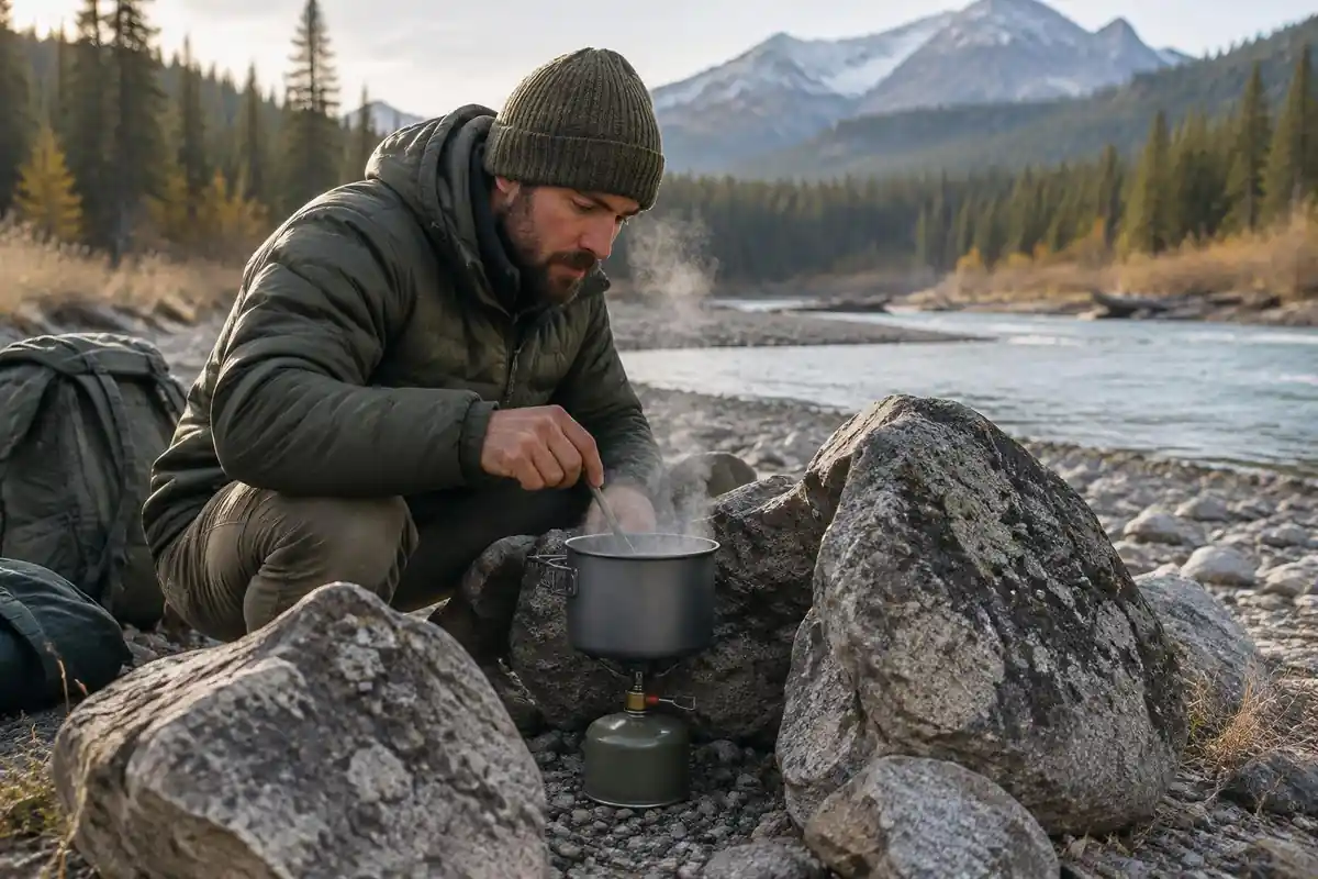Man stirring a pot of water on a small stove at a windbreak