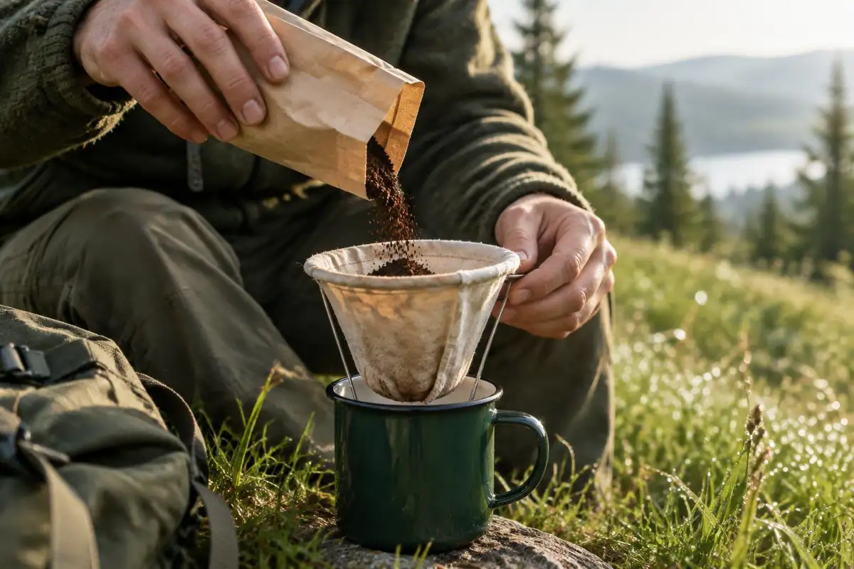 Hands pouring ground coffee from a small bag into a mug filter