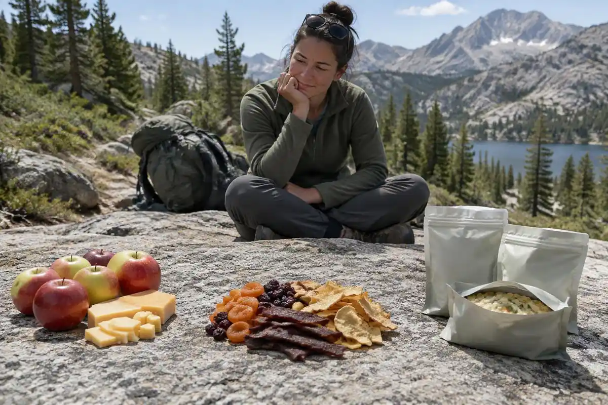 Three piles of different backpacking food types on a flat rock, fresh, dried and freeze-dried