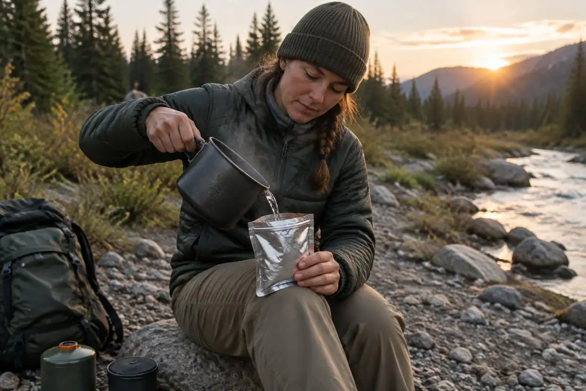 Hiker pouring hot water into a pouch of powdered meal at camp