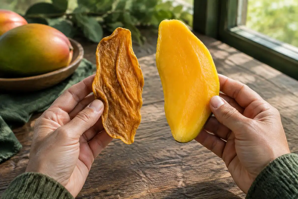 Cross-section of hands comparing dried mango slices with fresh mango