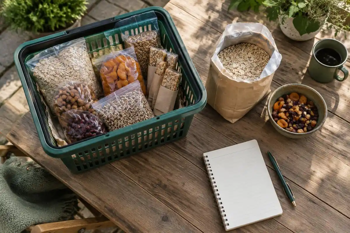 Overhead of a shopping basket and a trail food bag on a wooden table
