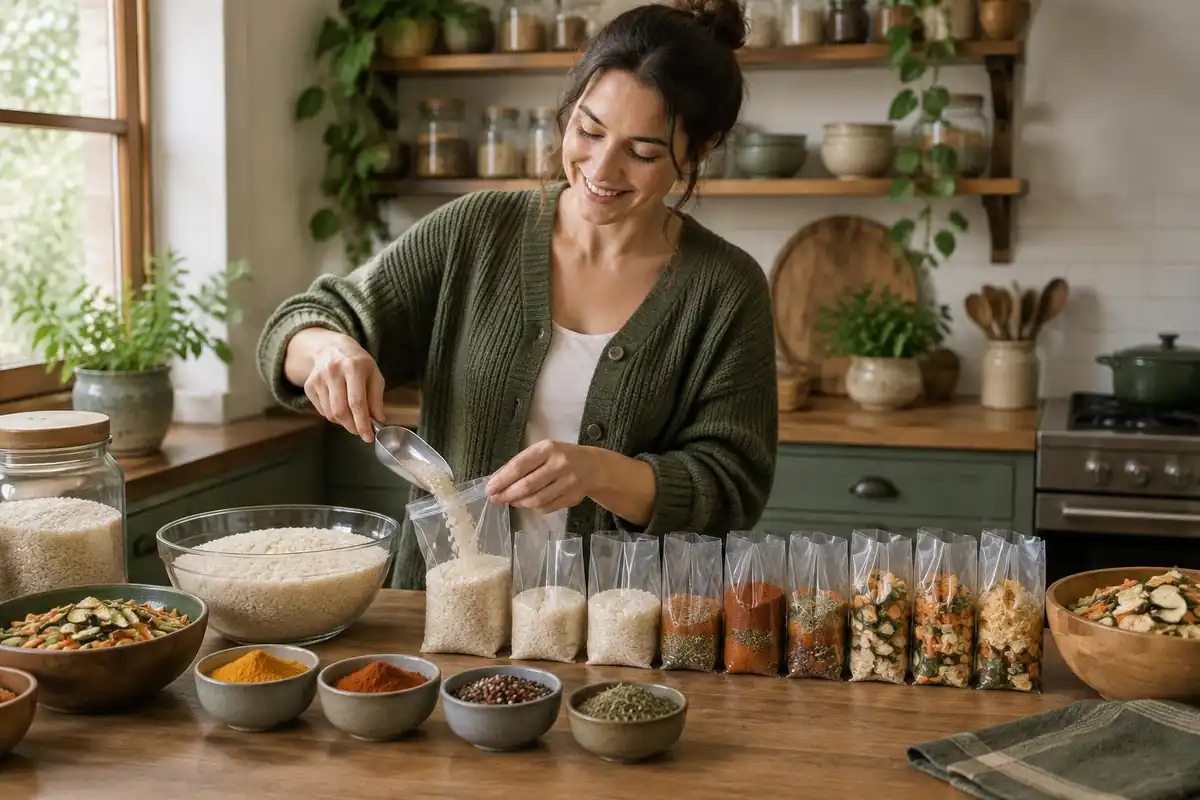 Woman bagging portioned dinners into plain zip bags at a kitchen counter