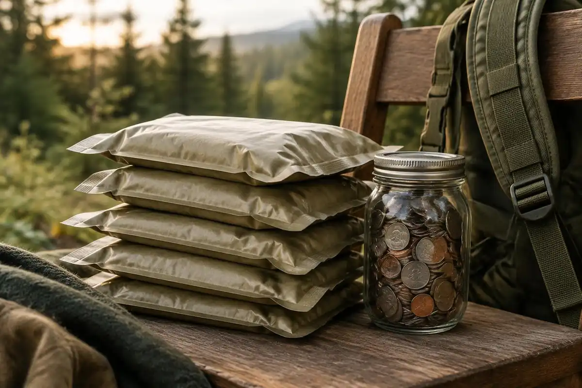 Stack of small meal bags beside a jar of coins on a kitchen table