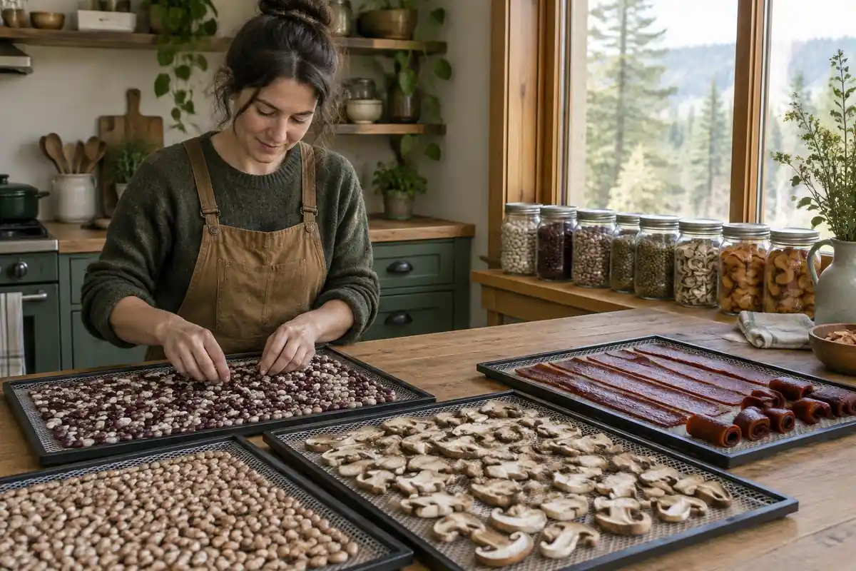 Rows of dried food pieces on trays beside a sunny kitchen window