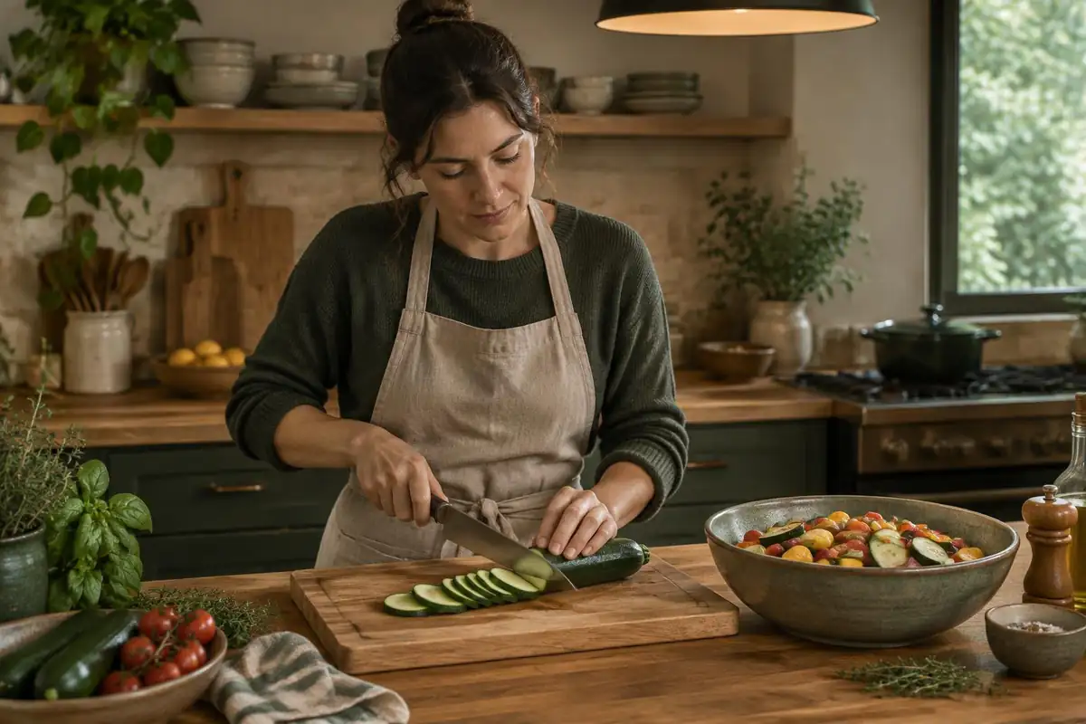 Woman slicing zucchini into even thin rounds with a sharp knife