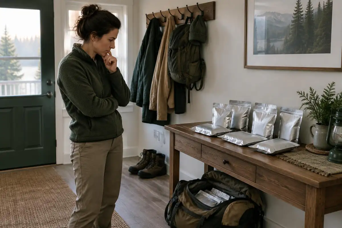 Heavily loaded pack by the door with pouches of meals on a table