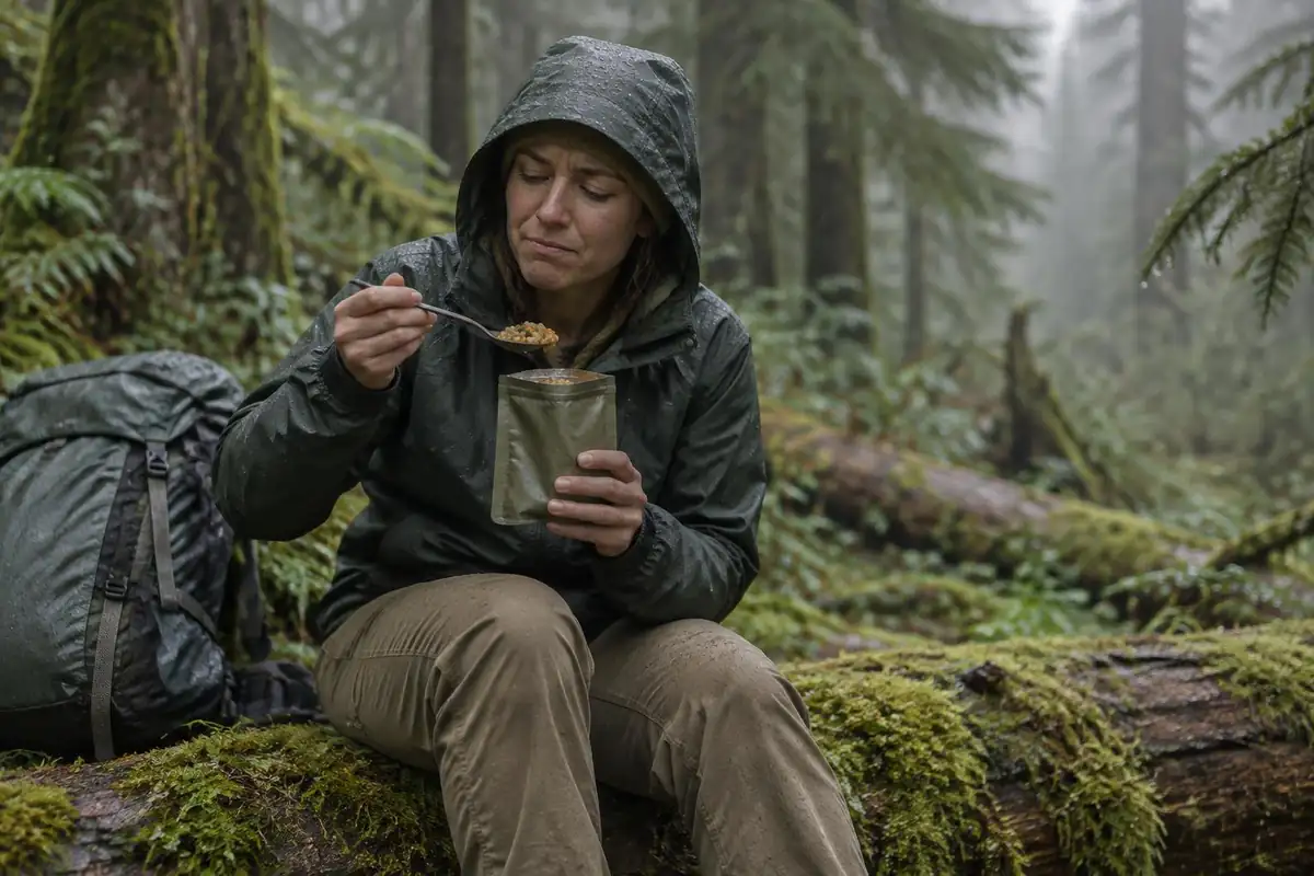 Hiker tasting a warm rehydrated meal seated on a mossy log