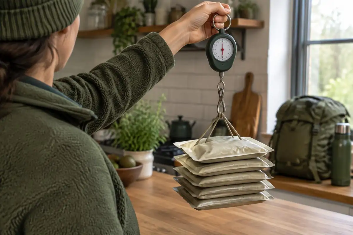 Handful of light foil pouches weighed on a small hanging scale