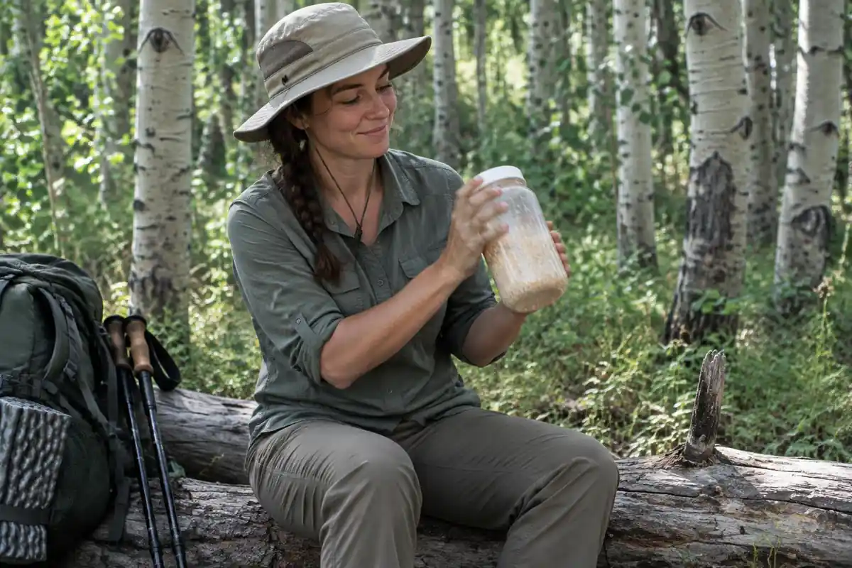 Hiker shaking a plastic jar of oats and water at a shaded rest stop