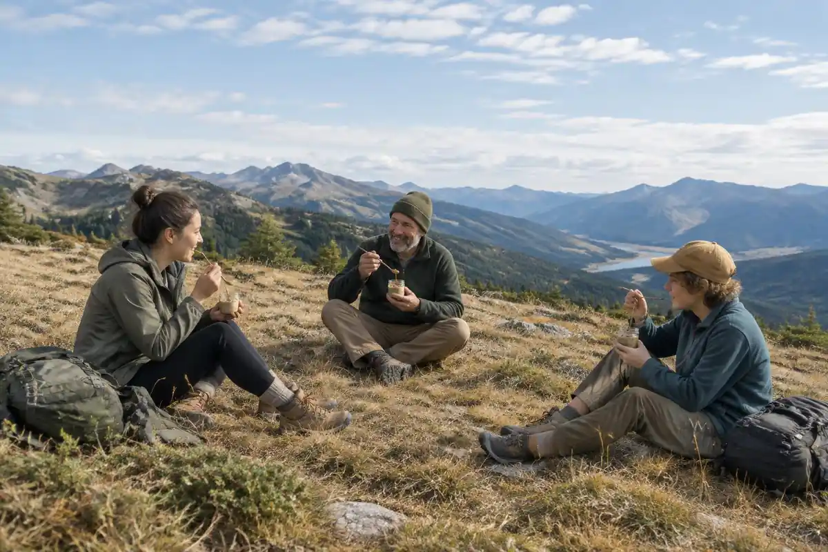 Three hikers eating cold lunches from jars on a sunlit ridge saddle
