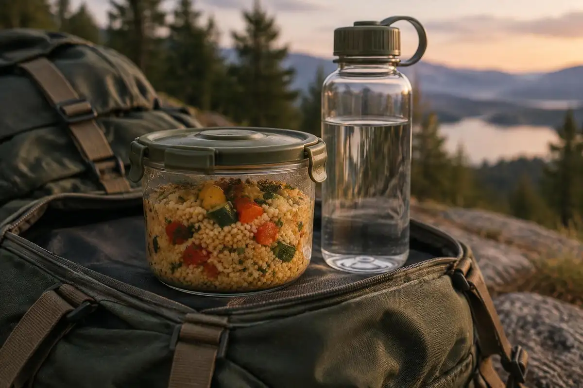 Sealed jar of rehydrating couscous next to a filter bottle in a pack lid