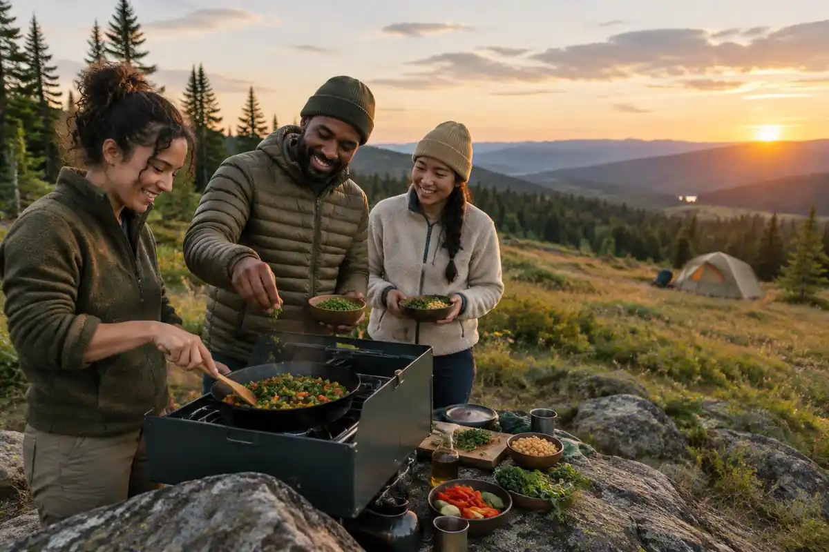 Camp dinner of plant-based meals in a high mountain meadow