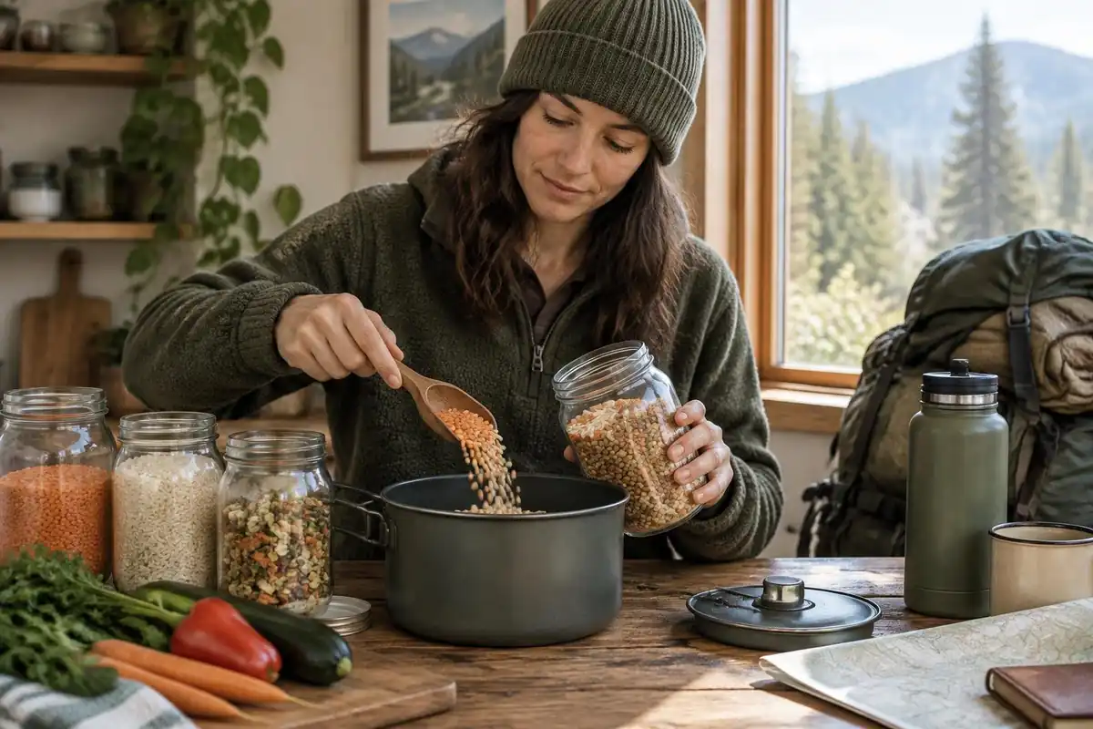 Woman scooping lentil and vegetable mix from a jar into a pot