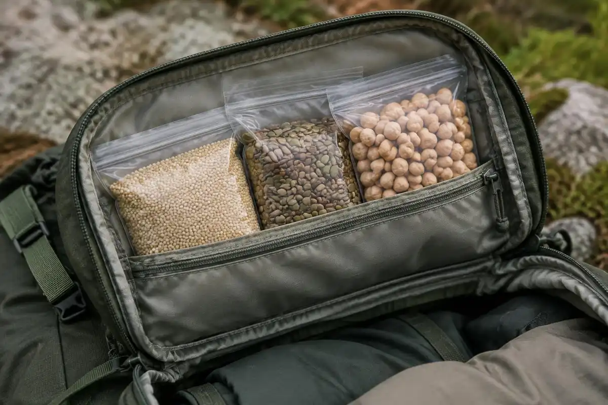 Small plain bags of gluten-free grains and seeds in a pack lid pocket