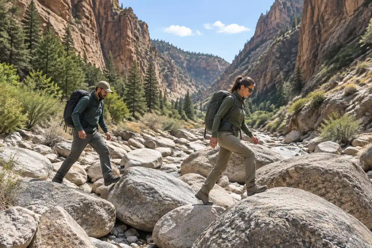 Pair of hikers in tough trousers scrambling over boulders