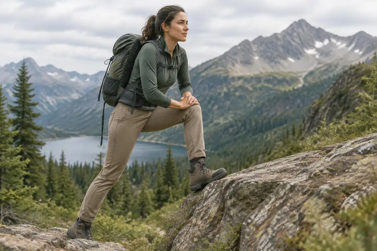Hiker stepping up a tall rock ledge showing full knee movement in stretch trousers