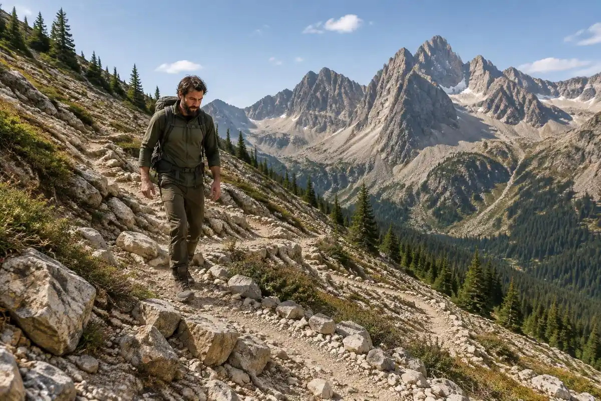 Man hiking rocky switchbacks in tall boots on a dry high slope