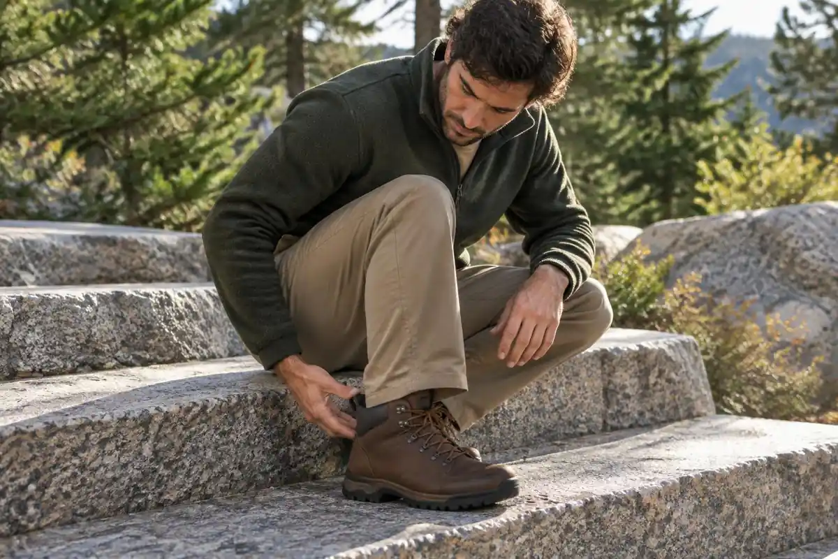 Man crouching to test boot flex and heel lock on a granite step
