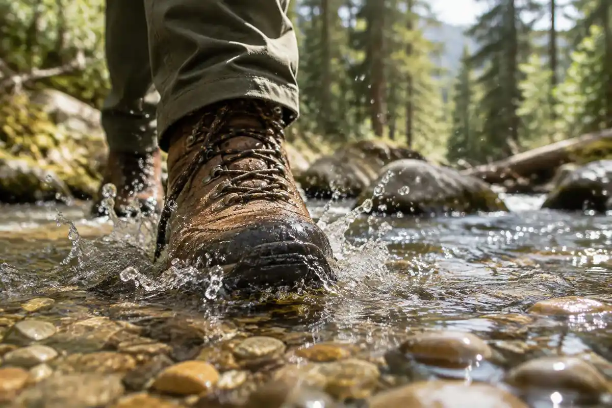 Waterproof boot toe splashing through a shallow stream crossing