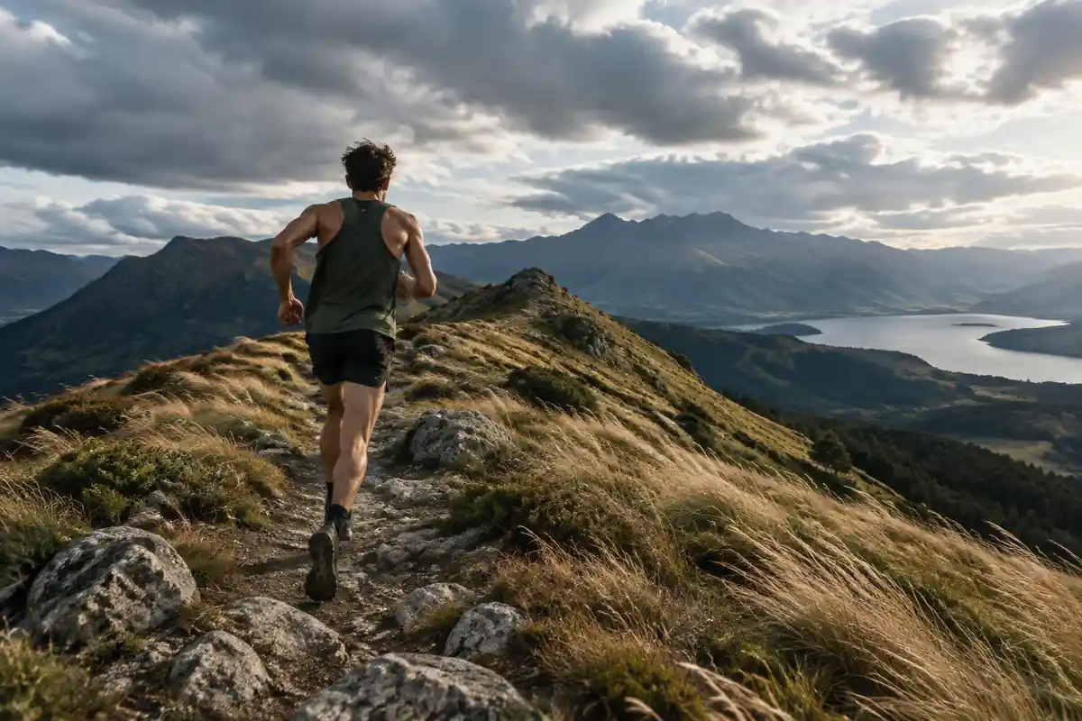 Man running a rocky mountain trail with a hydration vest