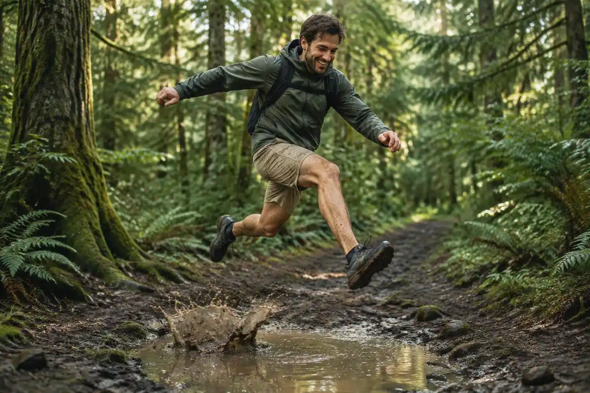 Trail runner leaping over a muddy puddle in a forest