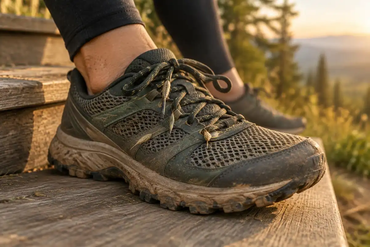 Mesh shoe upper with dust and burrs after a dry trail run