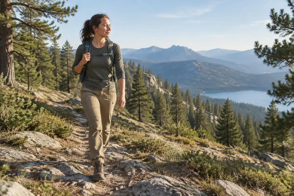 Woman hiking in a snug long-sleeve layer under a light pack in cool sun