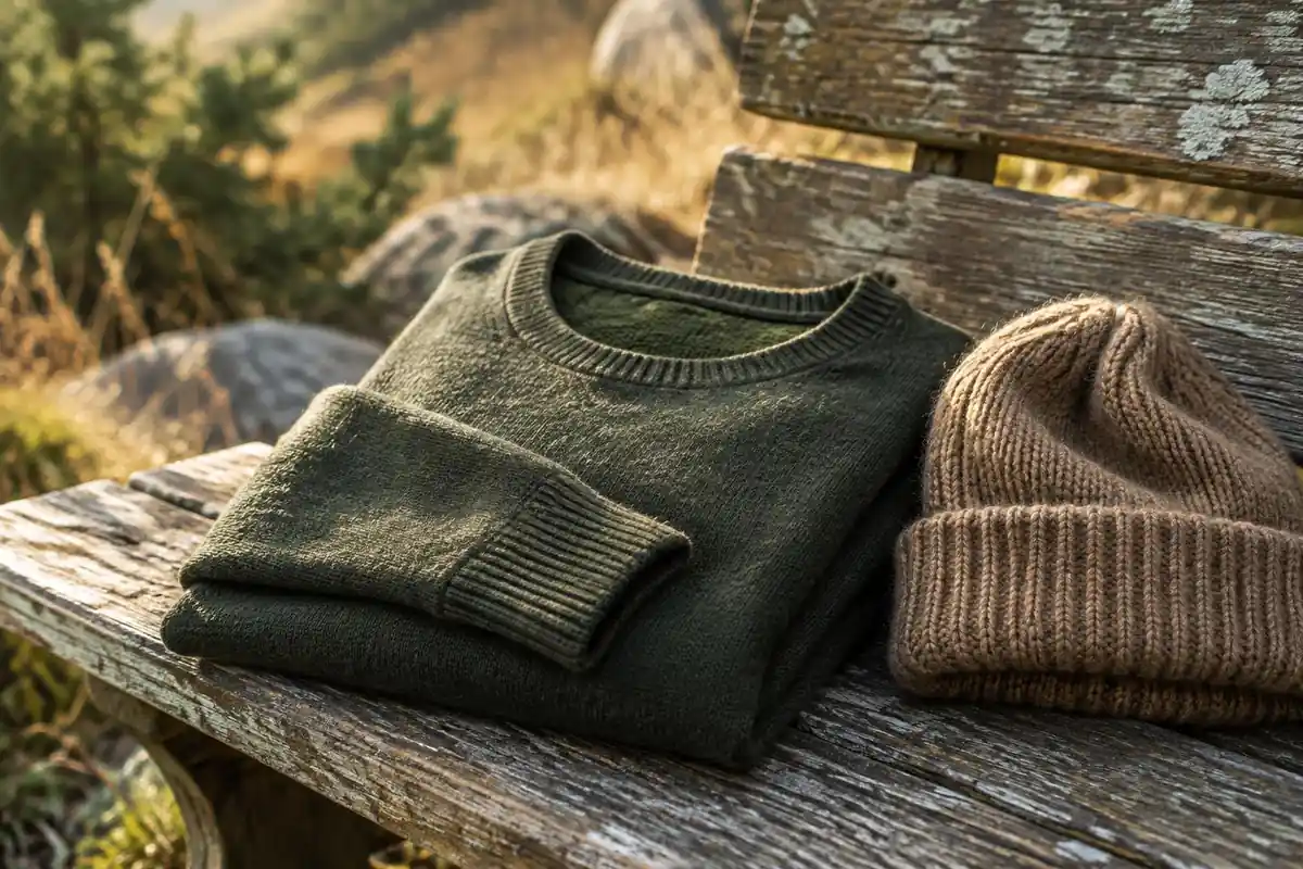 Close-up of soft merino texture on a folded top beside a wooden bench