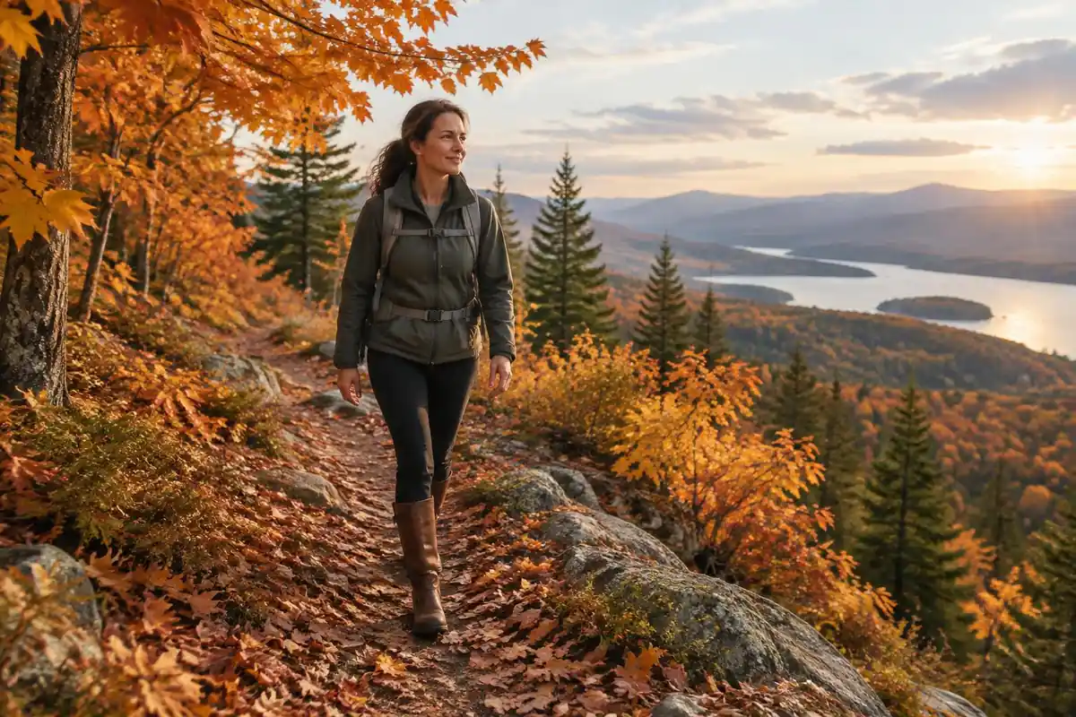 Woman hiking a forested ridge trail in sturdy leather boots in autumn