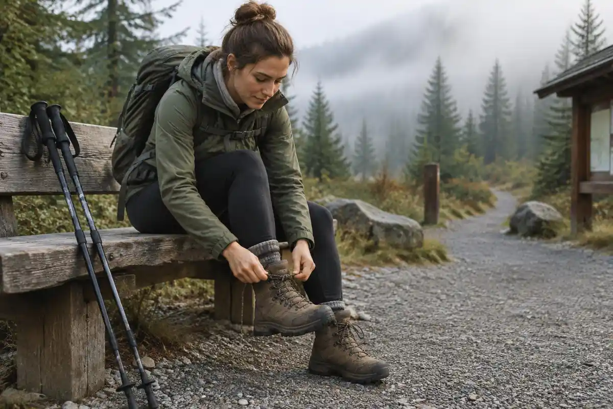 Woman lacing her boots on a wooden trailhead bench