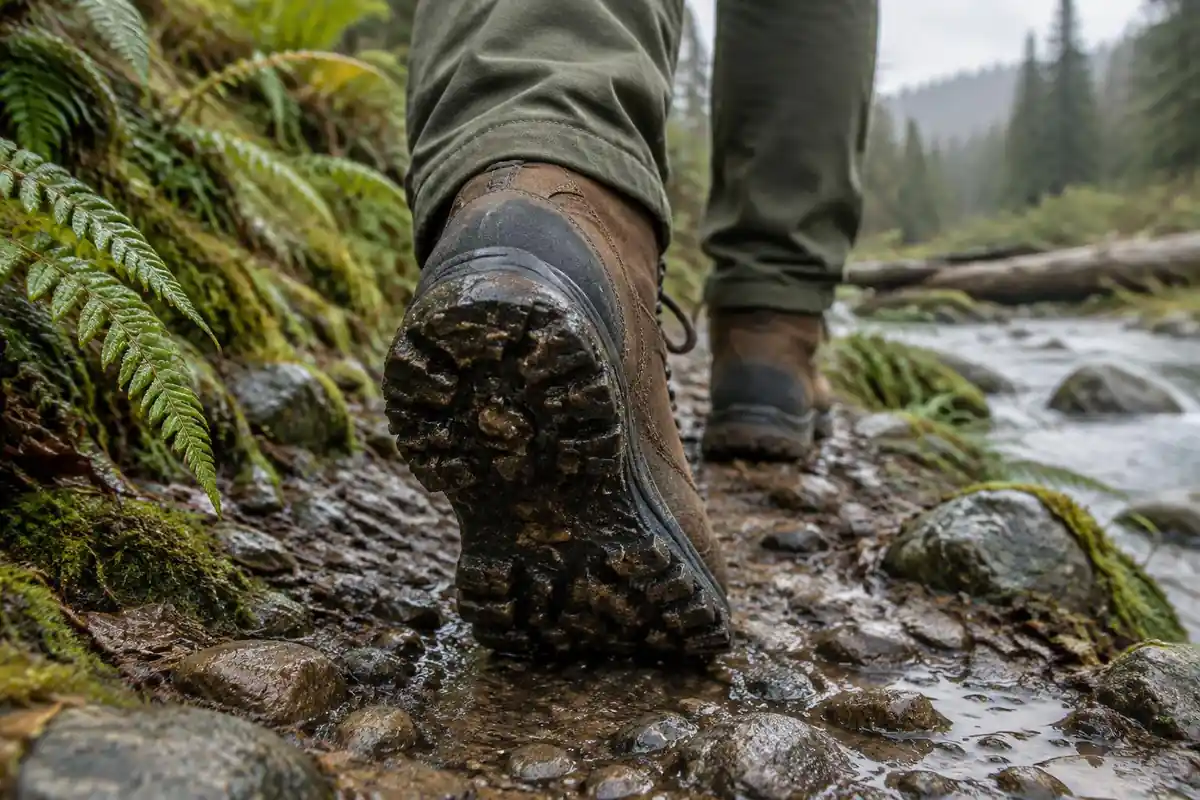 Boot tread pressing into wet mud on a creek-side path