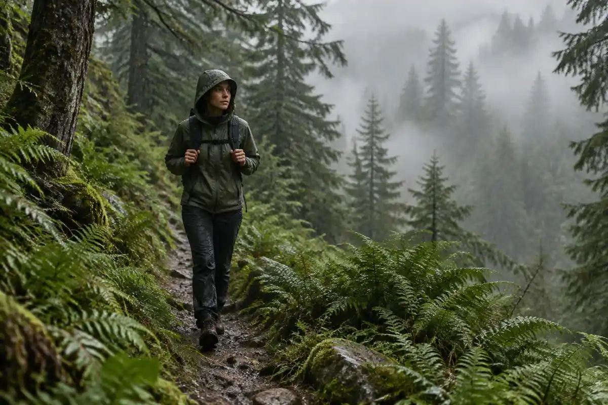 Woman hiking under grey drizzle in a shell with the hood up
