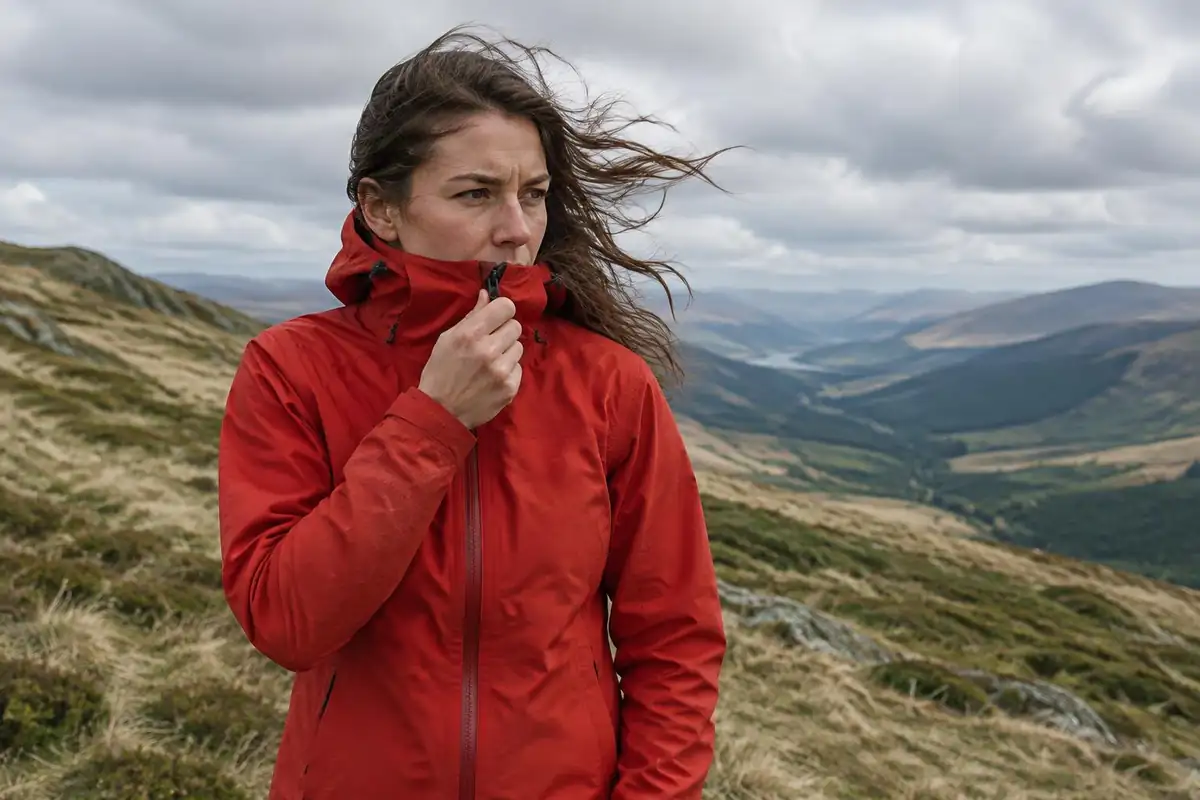 Woman zipping her jacket collar up at a windy pass