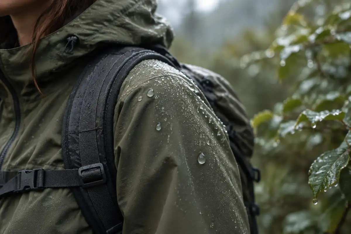 Rain beading on a shoulder sleeve of a jacket beside a pack strap