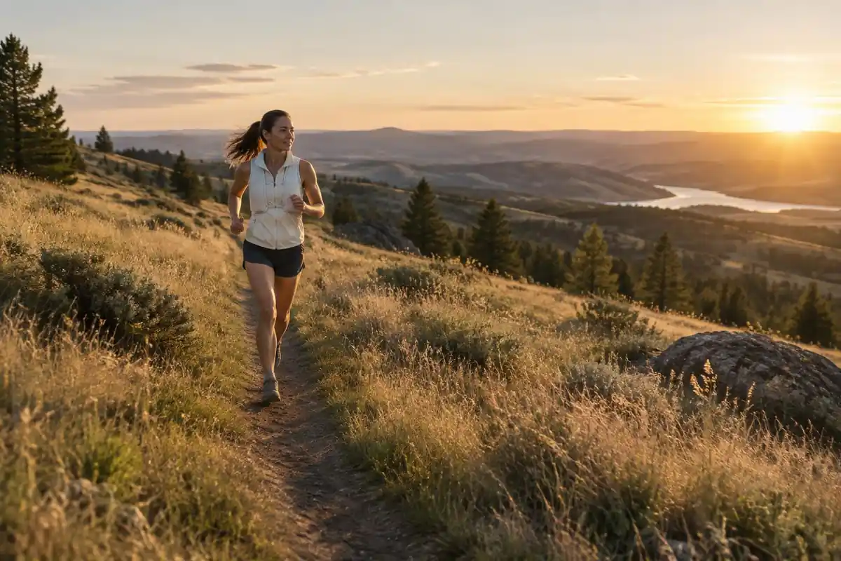 Woman trail runner descending a singletrack through golden grass