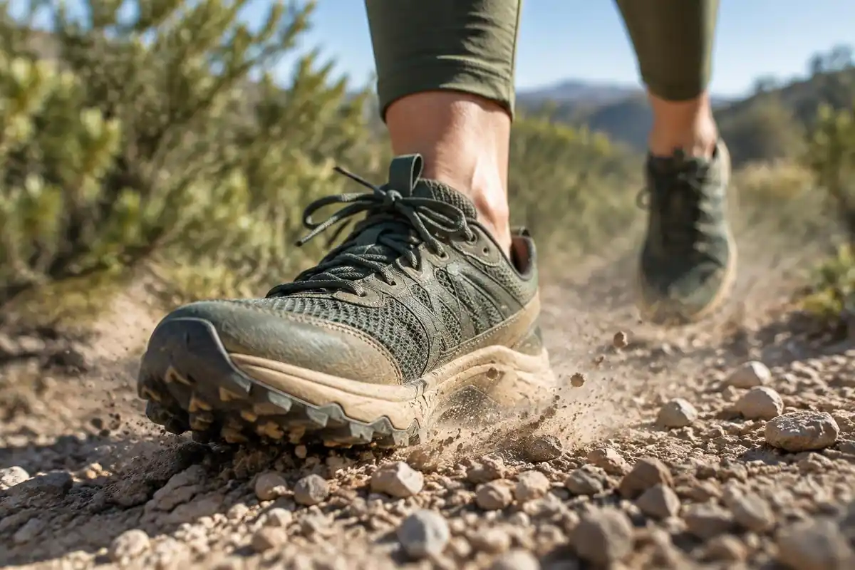 Shoe lugs gripping loose gravel as a runner pushes off