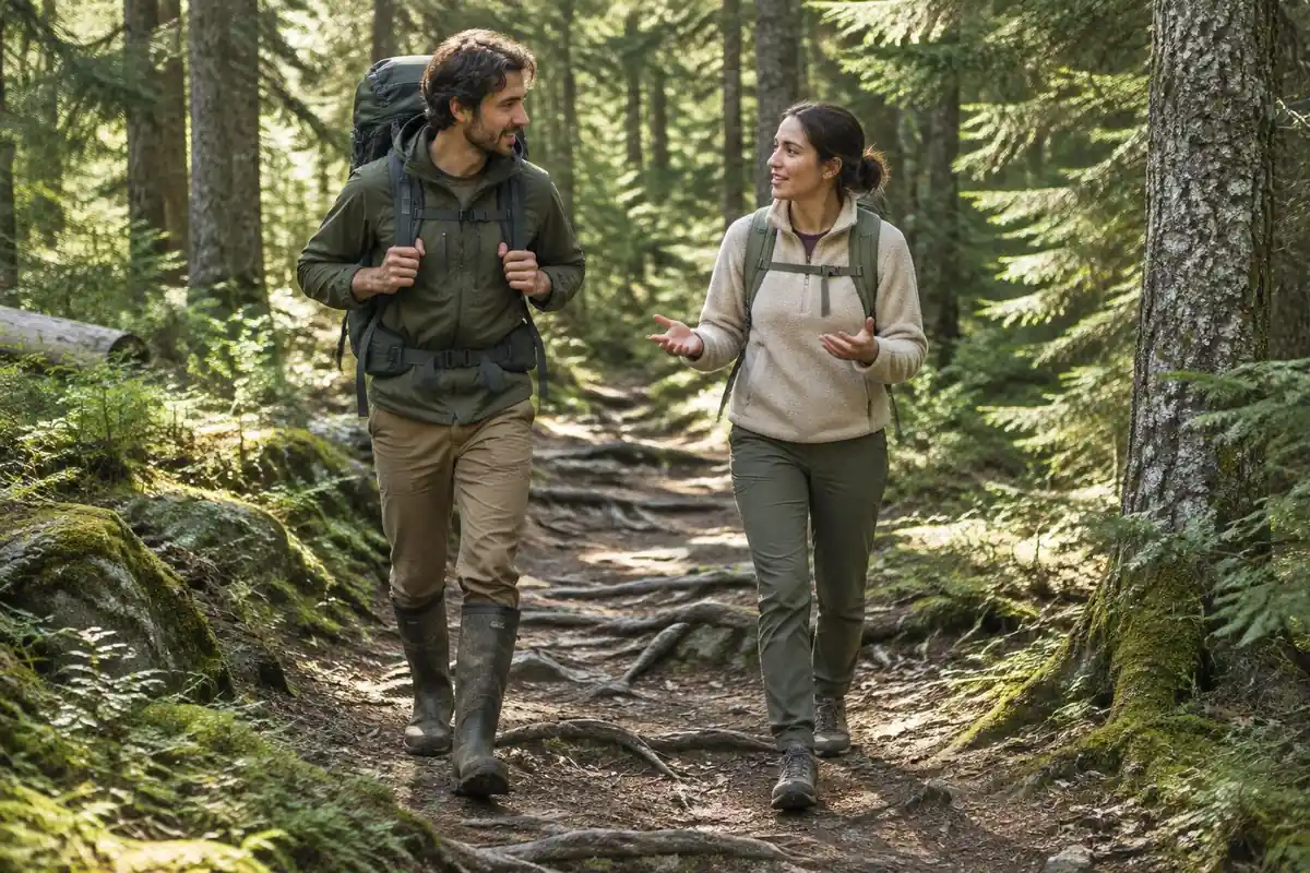 Split scene of two hikers on the same path, one in boots, one in trail shoes