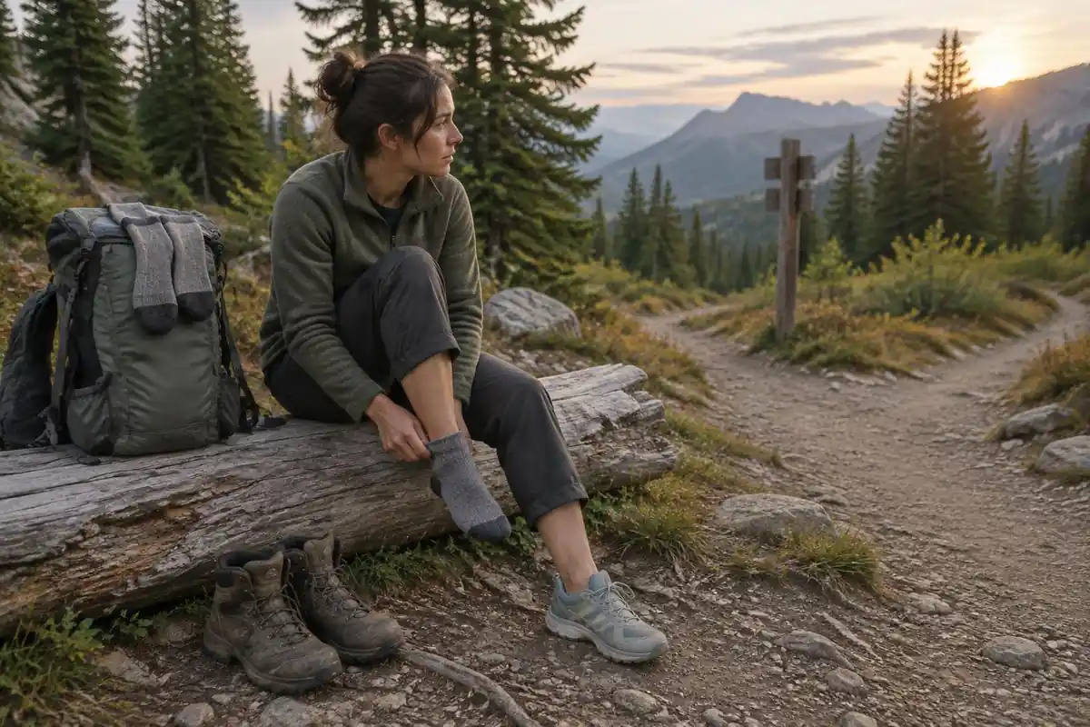 Hiker swapping sturdy boots for light shoes at a trail junction
