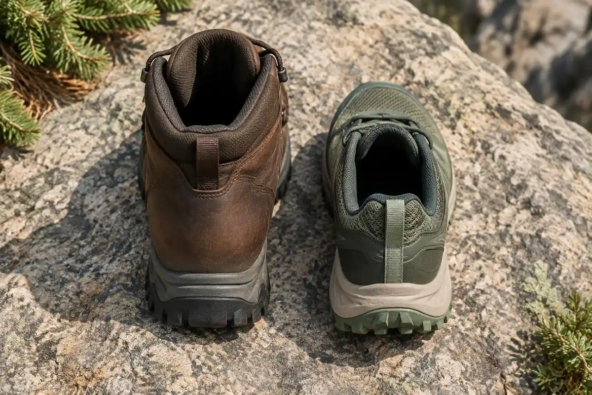 Boot and trail shoe side by side on flat rock to compare tread