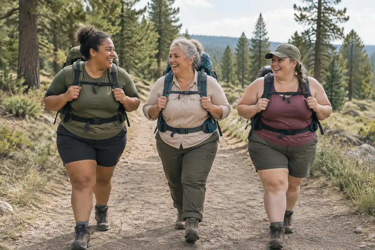 Diverse group of plus-size hikers laughing on a wide dirt trail