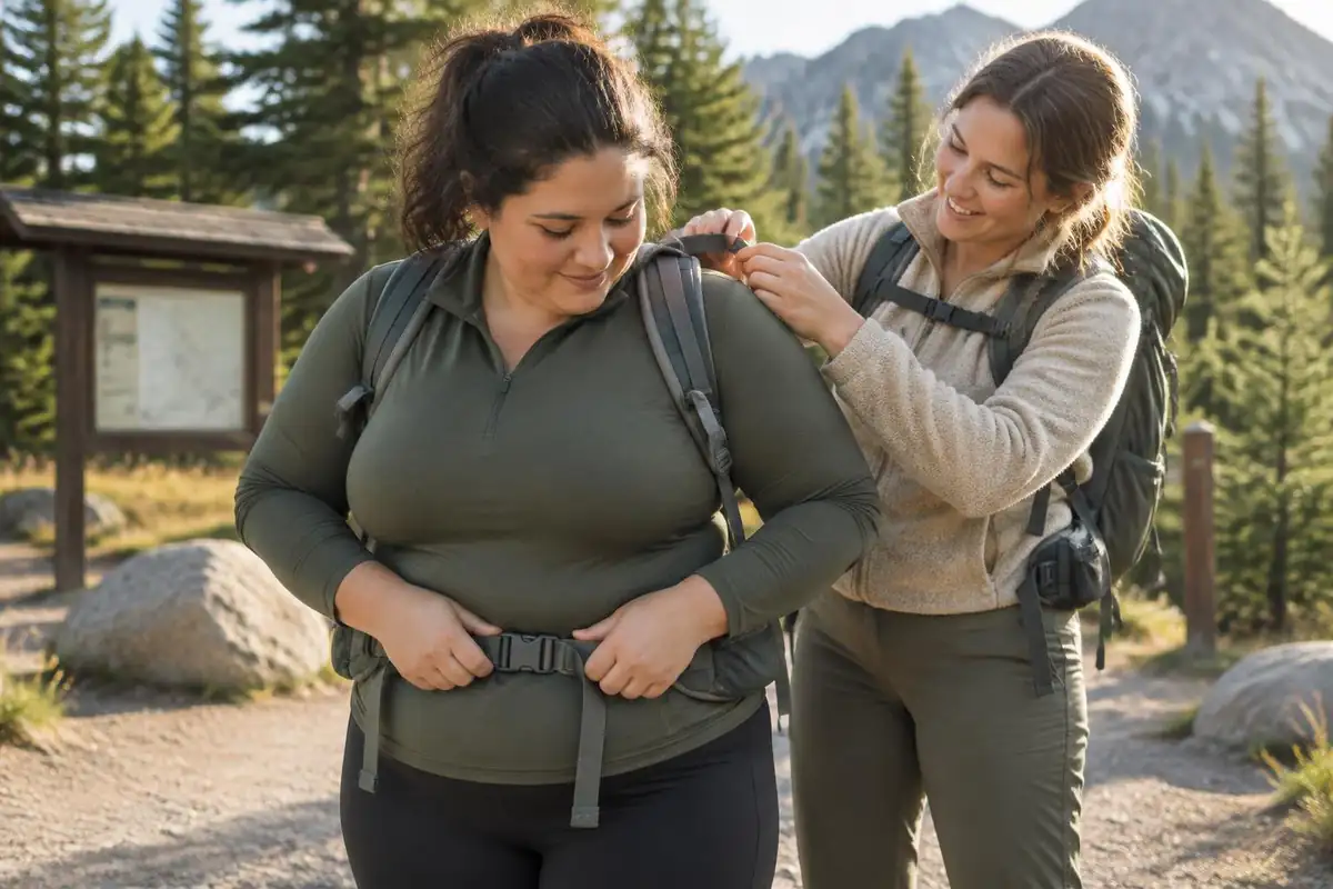 Woman adjusting an extended hip belt strap at a trailhead