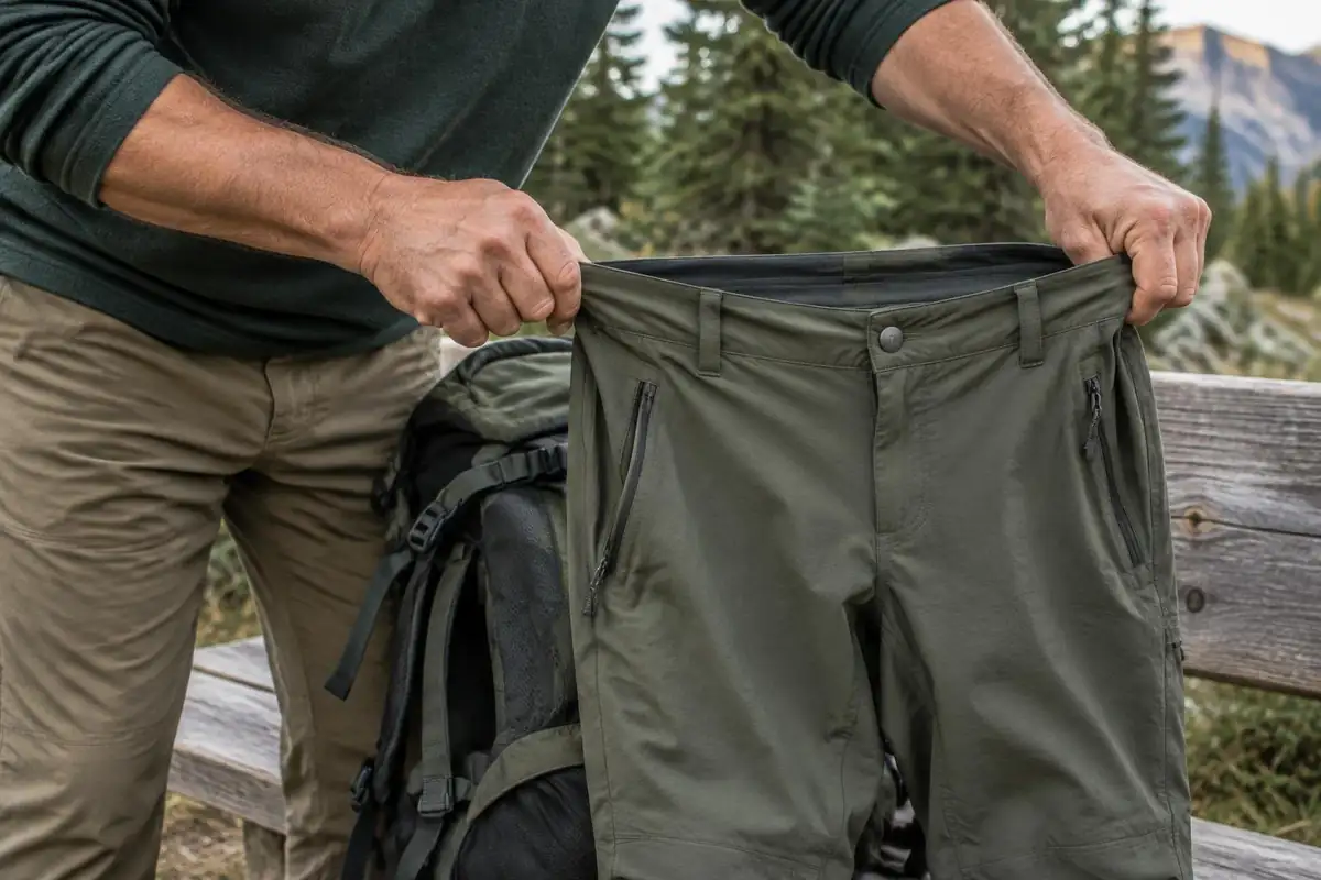 Man's hands testing fabric stretch on a pair of roomy hiking trousers