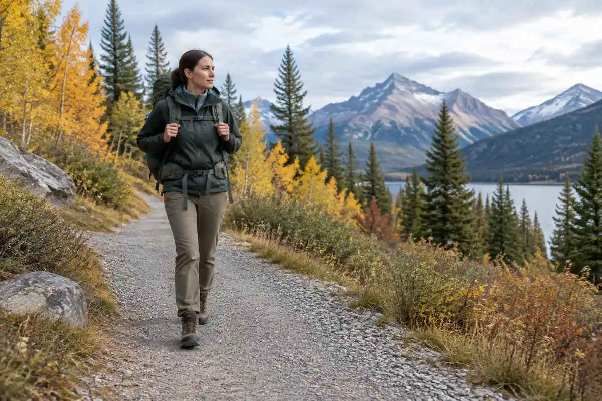 Hiker in new boots on a gentle neighbourhood park trail before a big trip