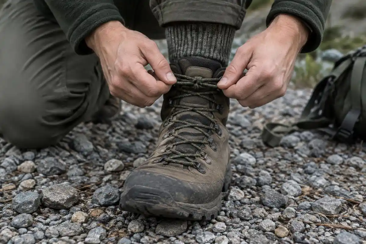 Boot laces hand-tied in a heel-lock knot close up